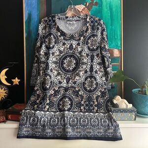 Marie Claire Y2K Navy and White Patterned Mini Dress Large